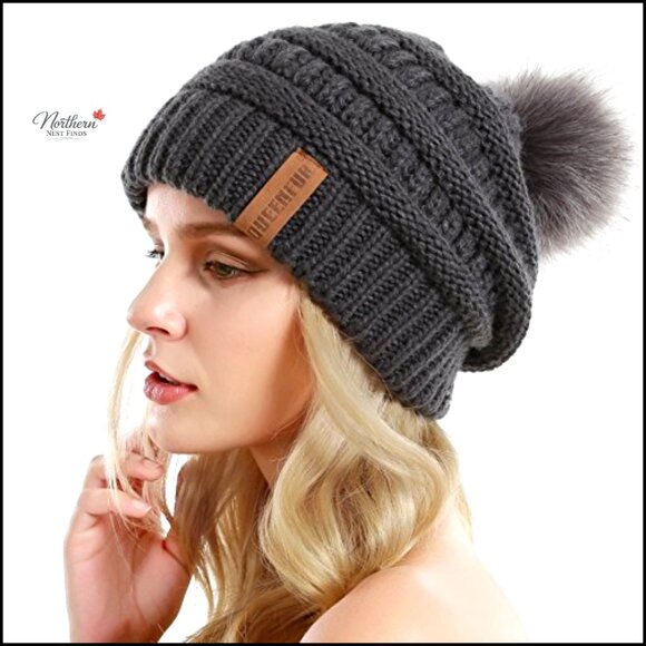 Oversized Knit Slouchy Beanie with Removable Faux Fur Pompom Winter Hat - Picture 2 of 7